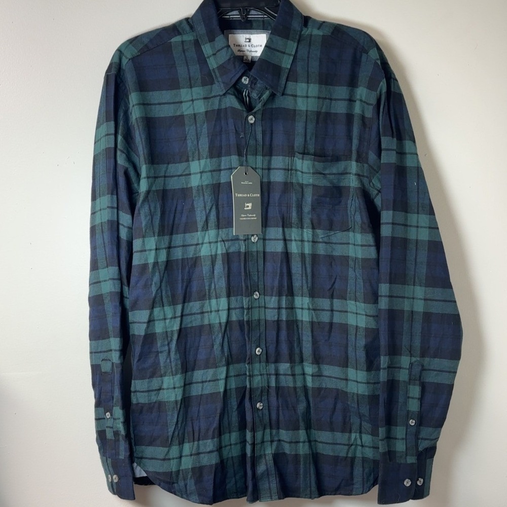 NWT Thread & Cloth | Mens Navy/Green Plaid Button Down Shirt LS | Size Large